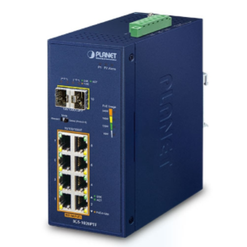 IGS-1020PTF - IP30 Industrial 8-Port 10/100/1000T 802.3at PoE + 2-Port 100/1000X SFP Ethernet Switch (-40~75 degrees C, 250m Extend mode, PoE Usage LED, dual 48V~56V DC) - Planet