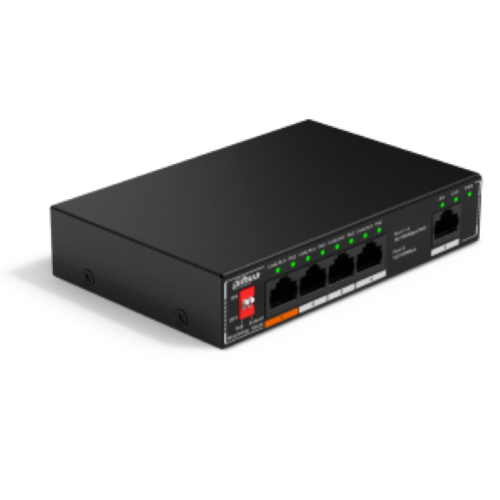 SF1005P Dahua - Switch 4 porte PoE 10-100 Mbps + 1 porta di rilancio 10/100 Mbps, unmanaged, potenza max. 60W, Hi-PoE sulla porta nr. 1, funzione Long Distance (250mt) supportata, funzione Watchdog supportata