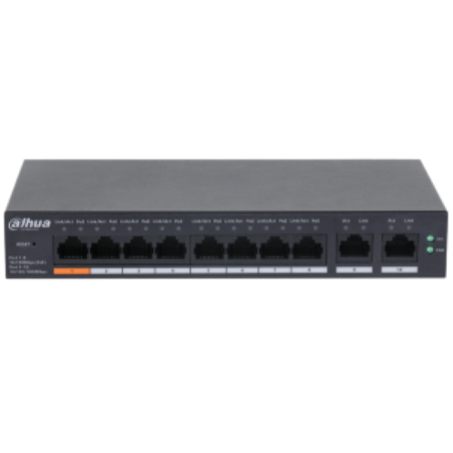 CS4010-8ET-60 Dahua - Cloud managed switch 8 porte PoE+ 10-100 Mbps / 2 porte 10-100-1000 Mbps di rilancio, managed tramite app DoLynk Care, potenza max. 60W, Hi-Poe sulla porta nr. 1, funzione Long Distance (250mt) e Watchdog supportate