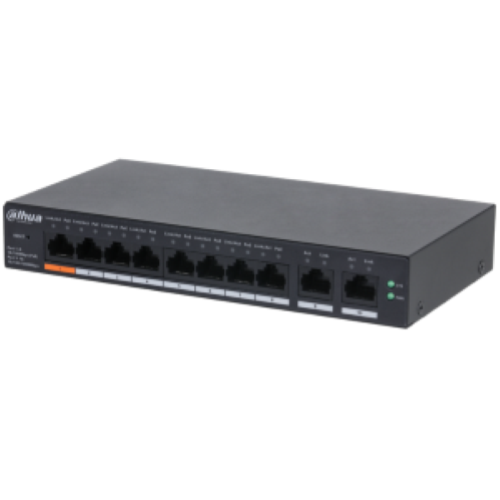 CS4010-8ET-60 Dahua - Cloud managed switch 8 porte PoE+ 10-100 Mbps / 2 porte 10-100-1000 Mbps di rilancio, managed tramite app DoLynk Care, potenza max. 60W, Hi-Poe sulla porta nr. 1, funzione Long Distance (250mt) e Watchdog supportate