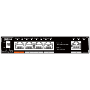 SF1005P Dahua - Switch 4 porte PoE 10-100 Mbps + 1 porta di rilancio 10/100 Mbps, unmanaged, potenza max. 60W, Hi-PoE sulla porta nr. 1, funzione Long Distance (250mt) supportata, funzione Watchdog supportata