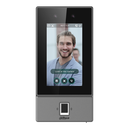 ASI6214S-PW - Lettore FACT per controllo accessi standalone da esterno IP65 con riconoscimento facciale, lettore biometrico di impronta e lettore di tessere Mifare 13.56Mhz, schermo touch 4.3 - Dahua