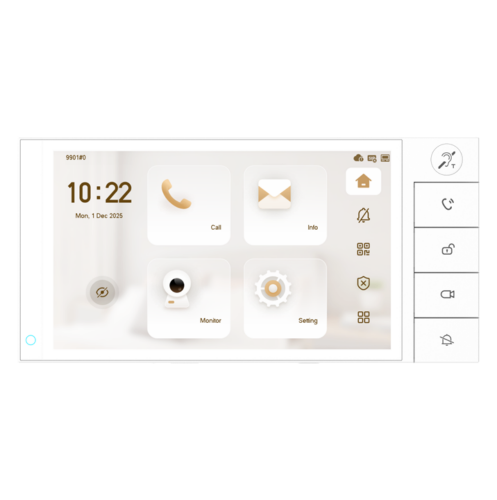VTH5722BW-IWP - Postazione interna IP bifilare wifi con display 7 touch screen capacitivo e tasti fisici, 8 in e 1 out allarme, alimentazione tramite switch bifilare/alimentatore 48Vdc, sistema operativo Linux, colore bianco - Dahua