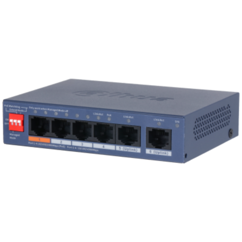 CS4006-4GT-60-V2 - Switch Cloud managed con 6 porte Gigabit 10/100/1000 Mbps, 4 PoE <60 W + 2 uplink, orange port 60 W, PoE watchdog, trasmissione PoE fino a 250 m, 53 Vdc, alimentatore incluso - Dahua