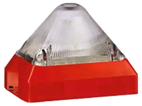 PY-X-M-05-CL Notifier  Luce flash PYRA compatta 5 joule 24 DC IP 66 , Sincronizzabile. Corpo piramidale antiurto colore rosso RAL3000 e lente Trasparente. Temperatura -40 + 50C°. Certificata EN 54.23