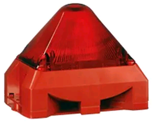 PY-X-M-10 Notifier  Luce flash PYRA 10 joule 10-57V DC IP 66. Sincronizzabile. Corpo cubico piramidale colore rosso RAL3000 e lente rossa. Temperatura -40 + 50C°. 4 frequenze flash selezionabili tramite DIP-switch. Certificata EN 54.23