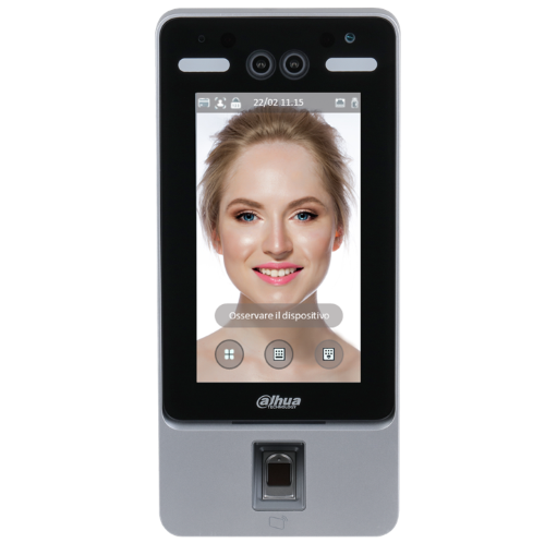ASI7214Y-V3 - Lettore per controllo accessi standalone da interno con riconoscimento facciale, lettore biometrico di impronte digitali e lettore di tessere Mifare 13.56Mhz, schermo touch 7" - Dahua