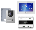 KTD01S - Kit Videocitofonico IP bifilare Dahua per montaggio a parete, composto da postazione esterna monofamiliare VTO2202F-P-S2, postazione interna bianca VTH5422HW, scatola da parete VTM115 e switch bifilare VTNS2003B-2
