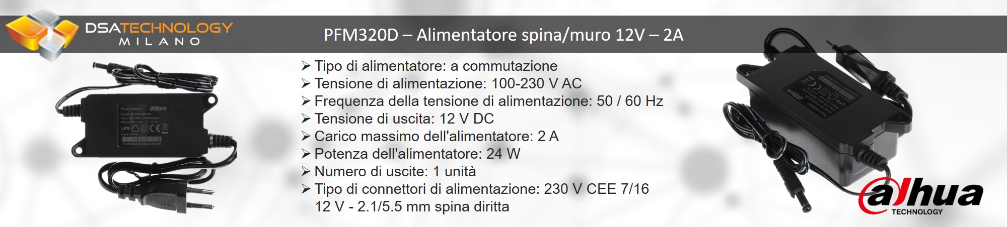 Descrizione degli alimentatore con spina da muro 12V DC