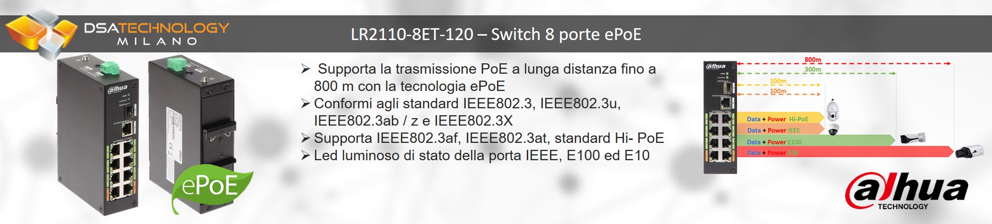 Switching di rete a 8 porte con tecnologia ePoE per sistemi di reti