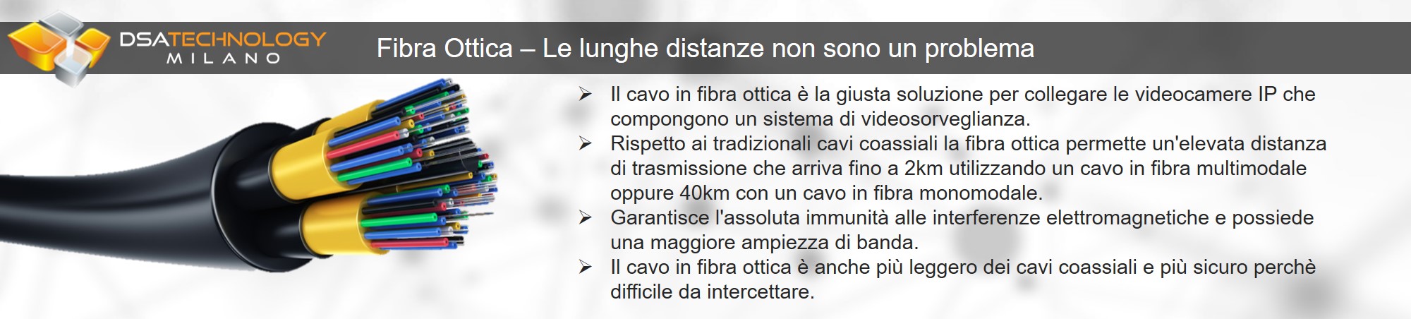 Cavo di fibra ottica per la trasmissione di dati su lunghe distanze e la connessione di videocamere IP 